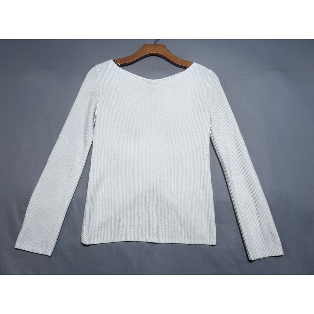 Babaton Ribbed Knit Crossover Tulip Back Sweater White XS Long Sleeve Scoop Neck